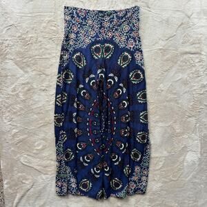Earthbound Trading Co Wide Leg Pants Women's S Blue Floral Print Pull On Boho